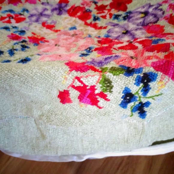 Floral Bouquet Green Round Ottoman Cover Needlepoint Tapestry - Picture 2 of 3